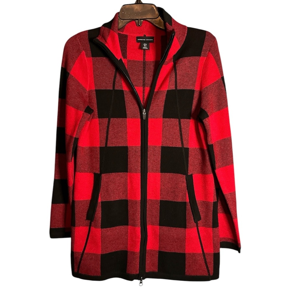Adrienne Vittadini red and black plaid zip up sweater size small